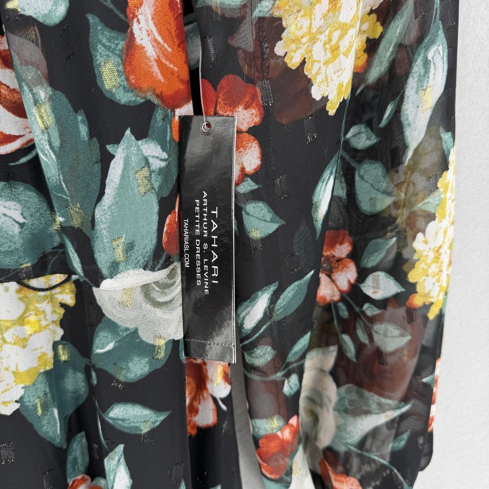 New Tahari Arthur S Levine Dress Womens 8P Black Floral Long Sleeve Chiffon Midi - Picture 5 of 11